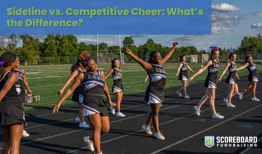 sideline cheerleading squad cheering for football game